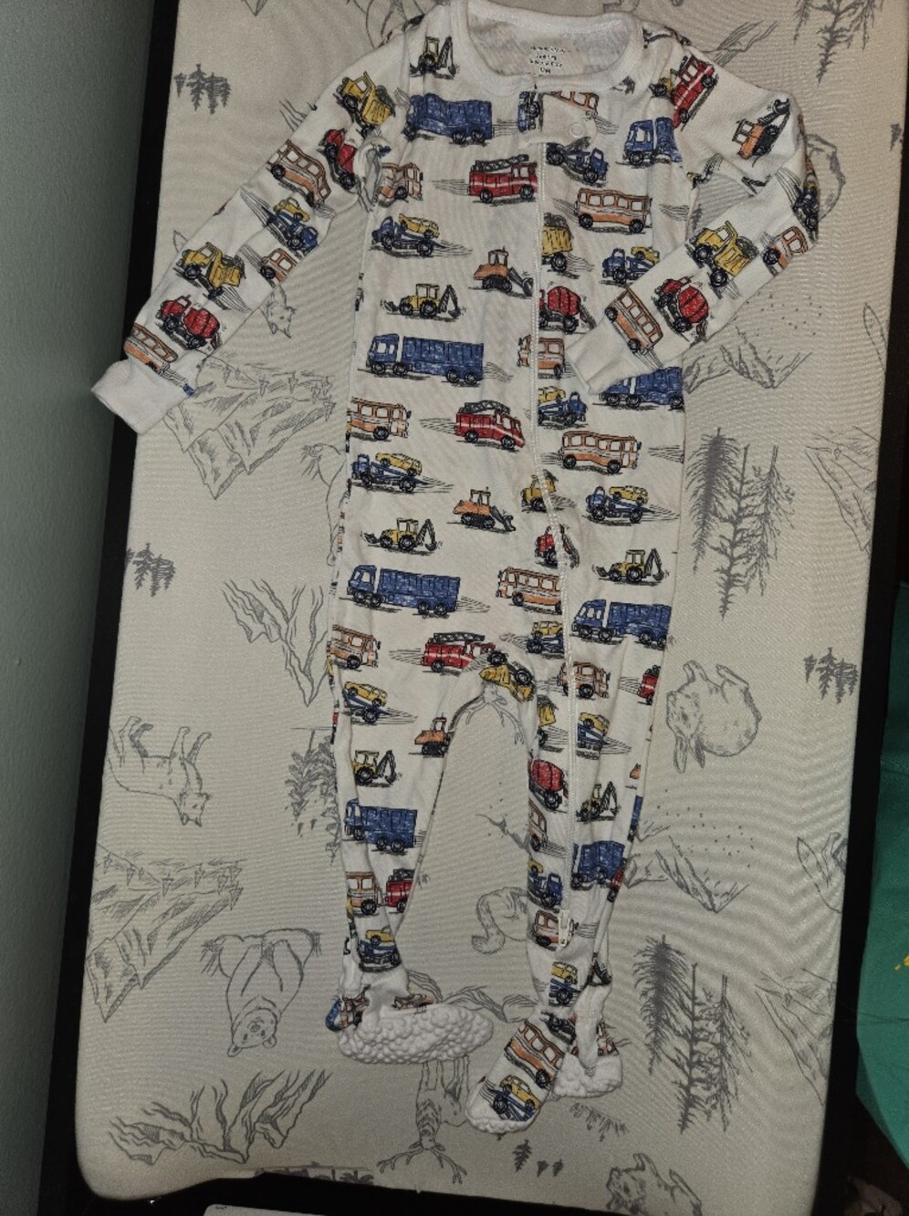 Member's Mark White Kids Footed Pajamas with Blue, Red & Yellow Vehicle Print